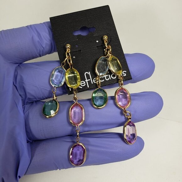 Gold tone Chain Drop Earrings Multicolor Crystal Dangles Stylish Women's Jewelry - Picture 4 of 8